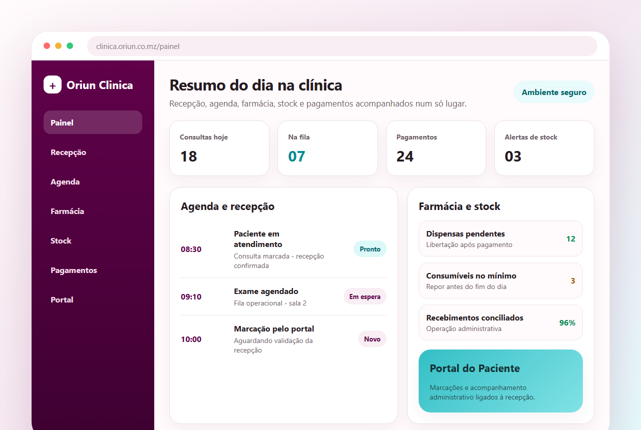 Painel administrativo da Oriun Clinica com agenda, recepção, farmácia, stock, pagamentos e Portal do Paciente.
